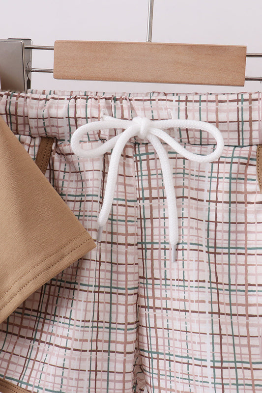 Brown plaid bunny applique shorts set