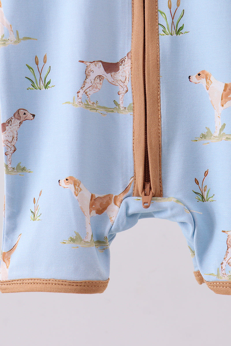 Blue puppy print bamboo romper