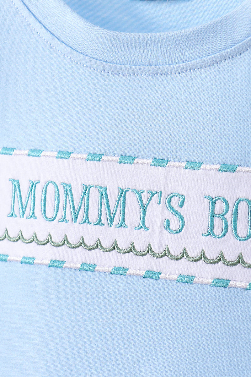 Blue mommy's boy embroidery gingham shorts set