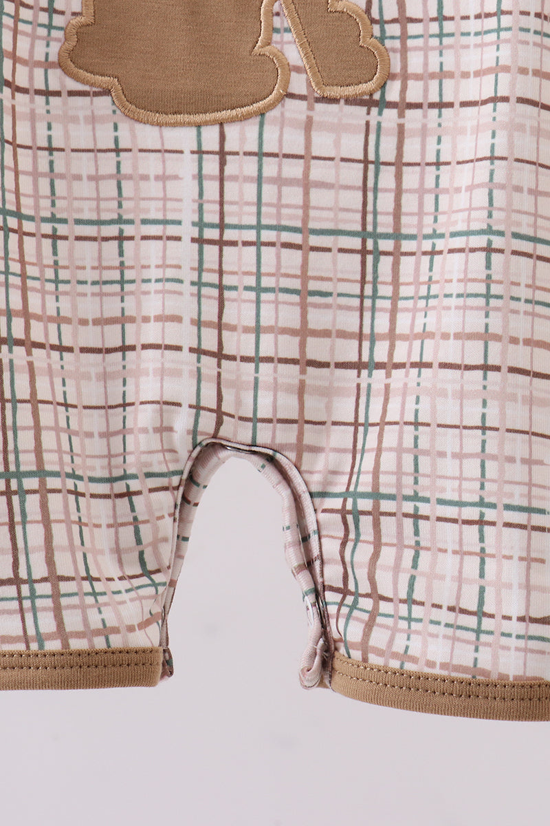 Brown bunny applique plaid romper