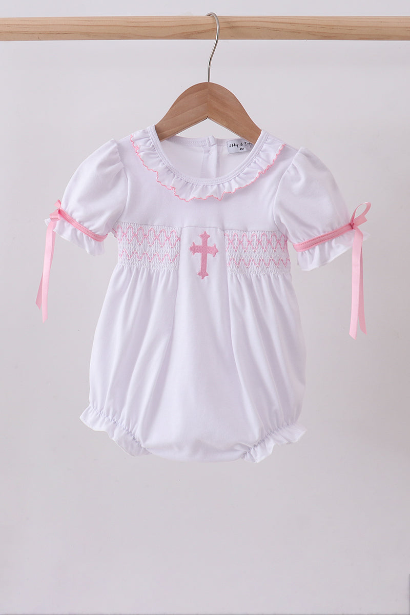 White cross Baptism smocked ruffle bubble