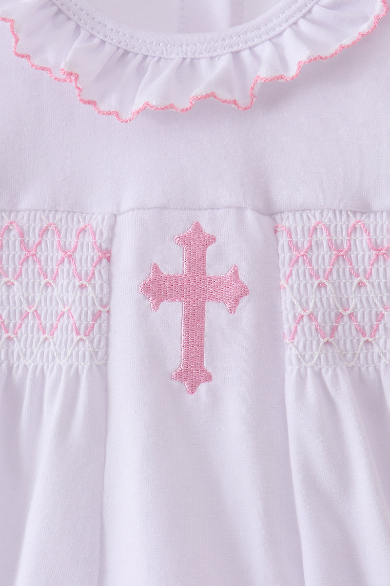 White cross Baptism smocked ruffle bubble