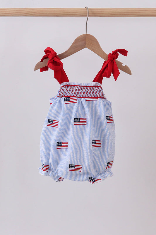Blue flag embroidery seersucker bow bubble