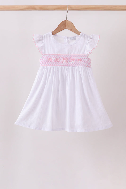White Bow Baptism Smocked Jacquard Dress