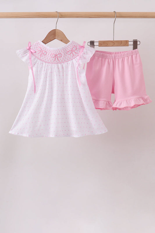 Pink Bow Baptism Smocked Swiss Dot Shorts Set