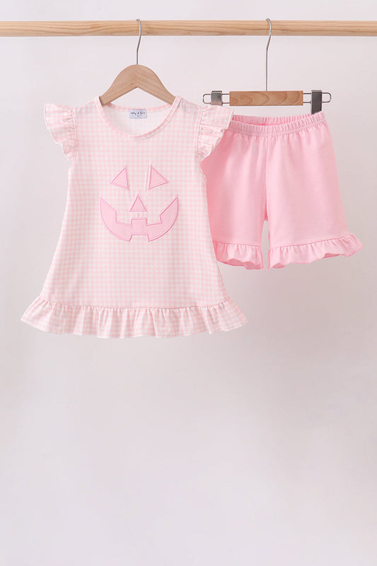 Pink Jack-O-Lantern  Applique Ruffle Shorts Set