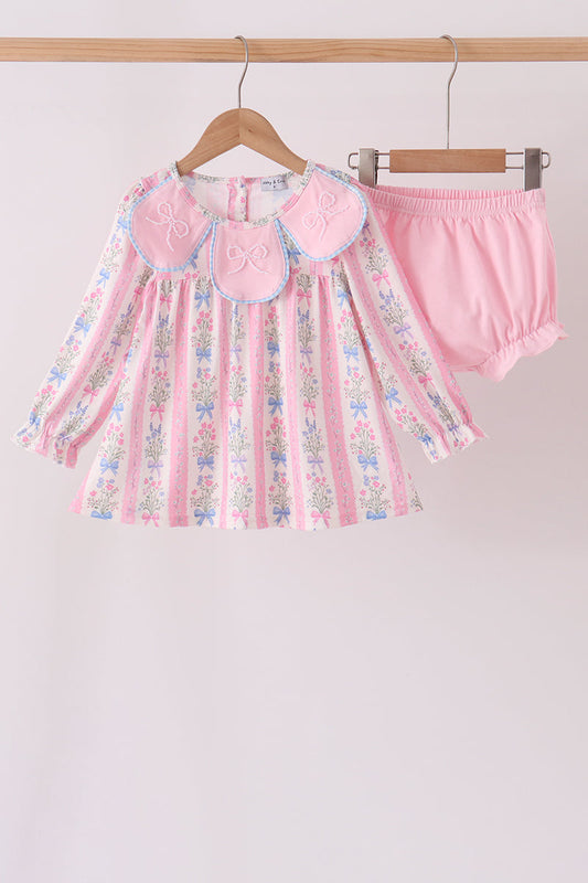Pink Pearl Bow Floral Bloomer Set