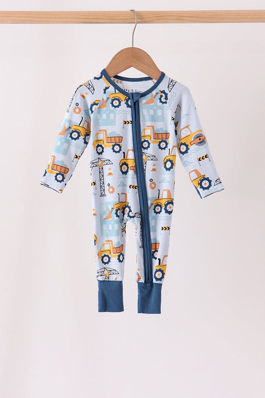 Blue Construction Trucks Zip Bamboo Romper