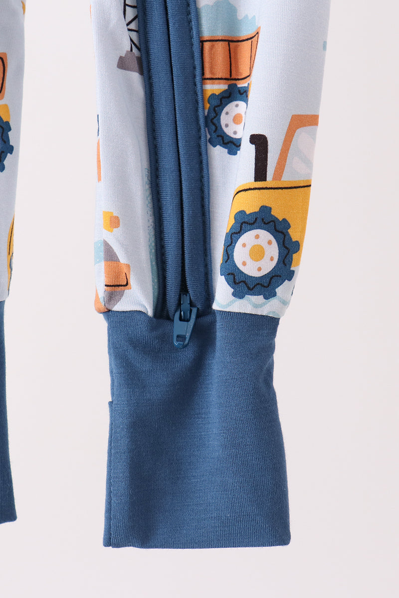Blue Construction Trucks Zip Bamboo Romper
