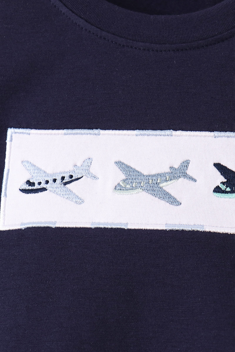 Navy Airplane Embroidery Pants Set