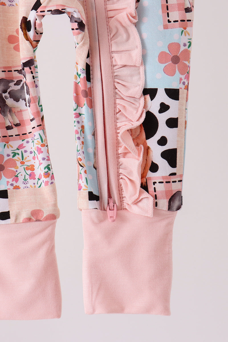 Pink Farm Animals Zip Bamboo Romper