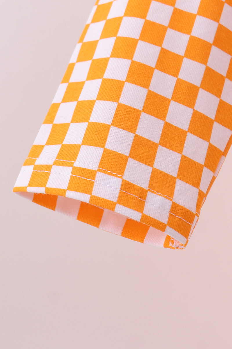 Orange Tennessee puppy bow embroidery checkered top