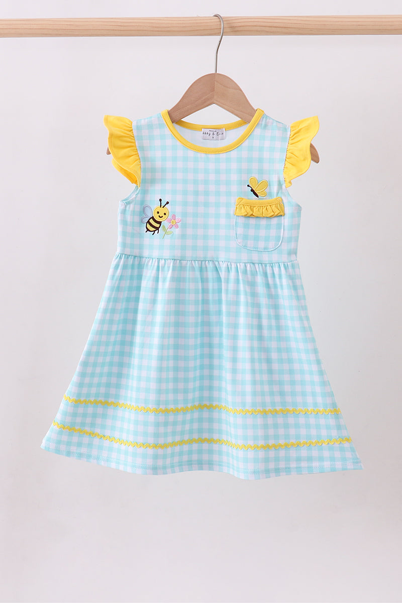 Blue gingham  butterfly & bee pocket flutter dress