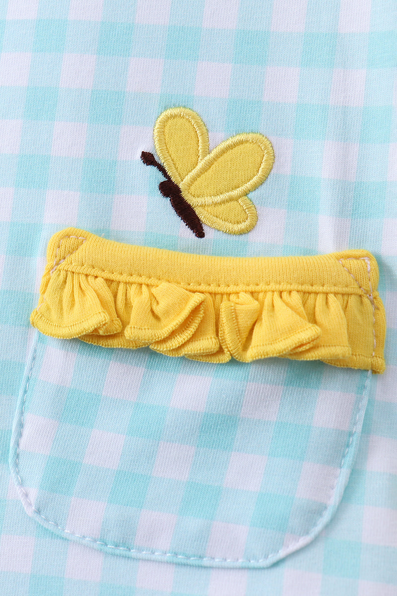 Blue gingham butterfly & bee pocket ruffle shorts set
