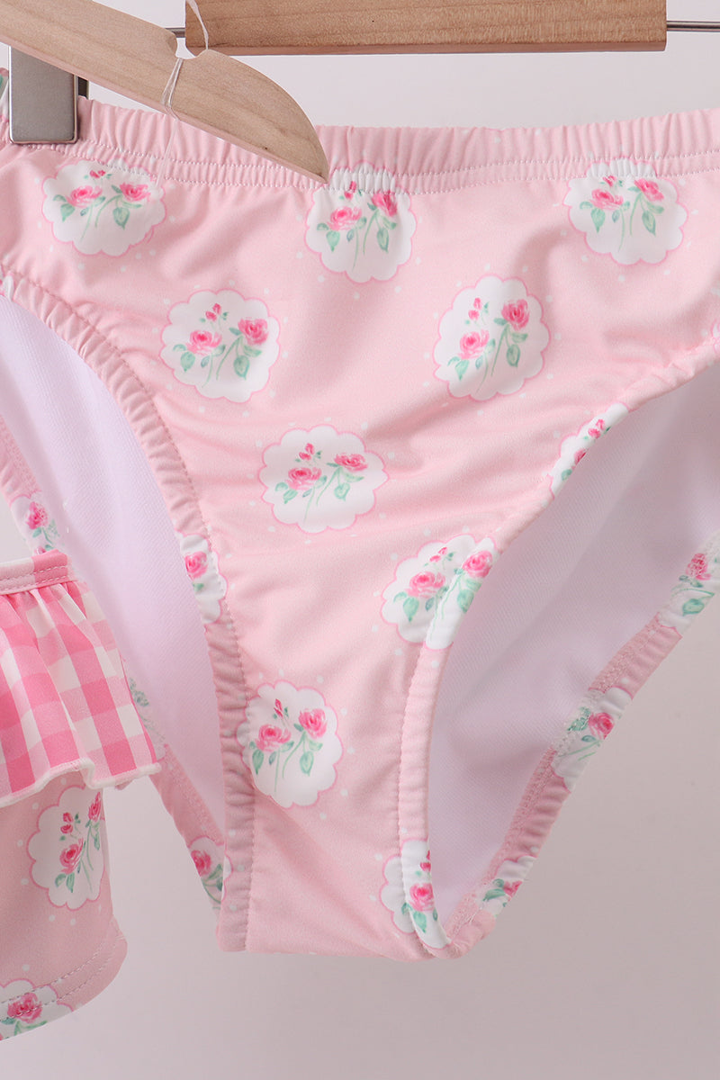 Pink rose ruffle 2pc women swimsuit