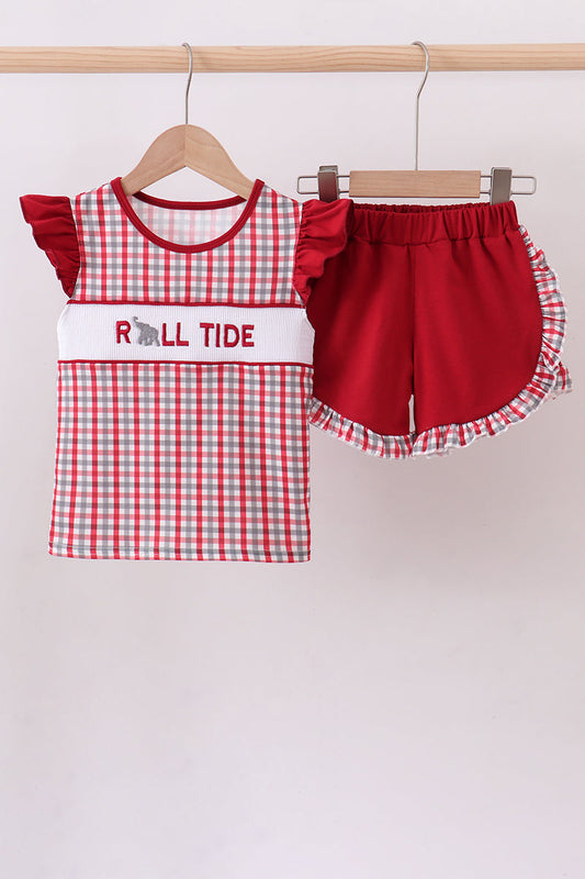 Alabama roll tide smocked ruffle plaid shorts set