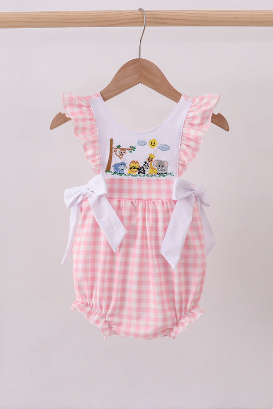Pink zoo embroidery gingham ruffle bubble