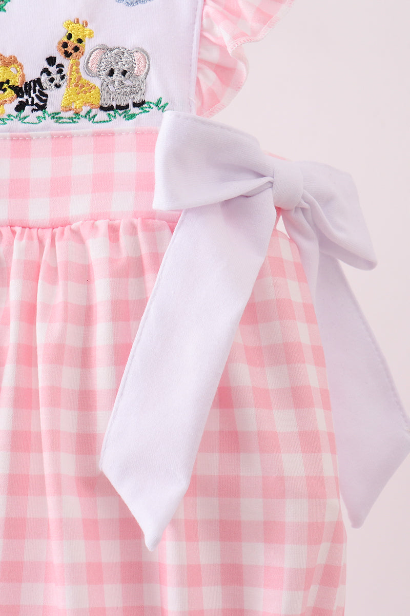 Pink zoo embroidery gingham ruffle bubble