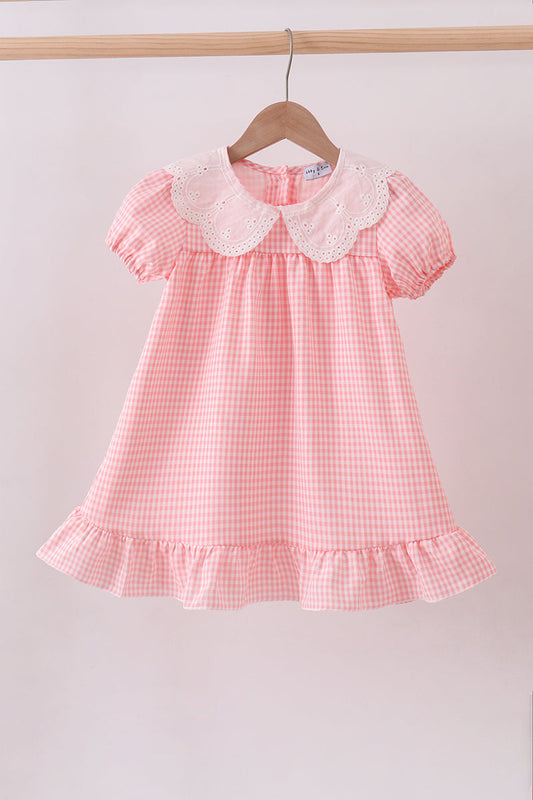 Pink scalloped collar lace gingham ruffle dress