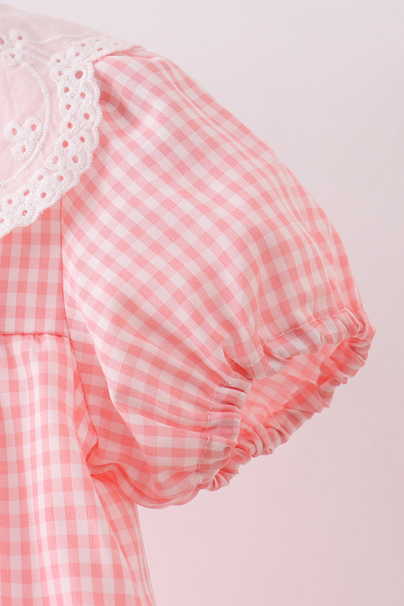 Pink scalloped collar lace gingham ruffle dress