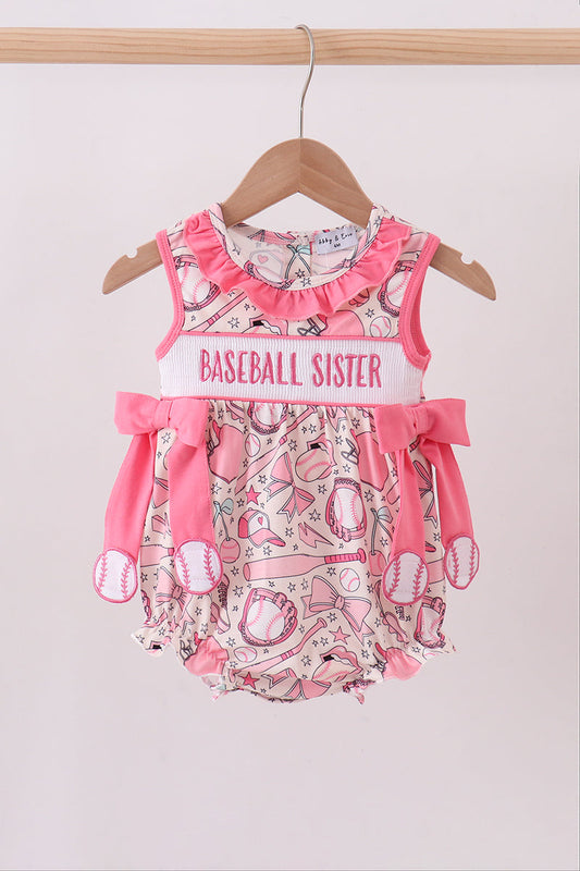 Pink baseball smocked ruffle bubble