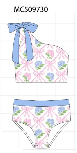 Blue bow floral women 2pc swimsuit