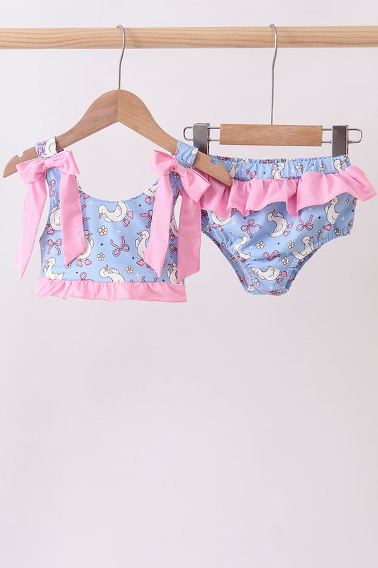 Purple duck print bow ruffle 2pc swimsuit