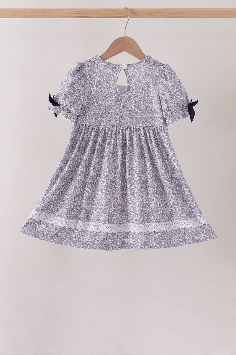 Navy Floral Bow Smocked Dress