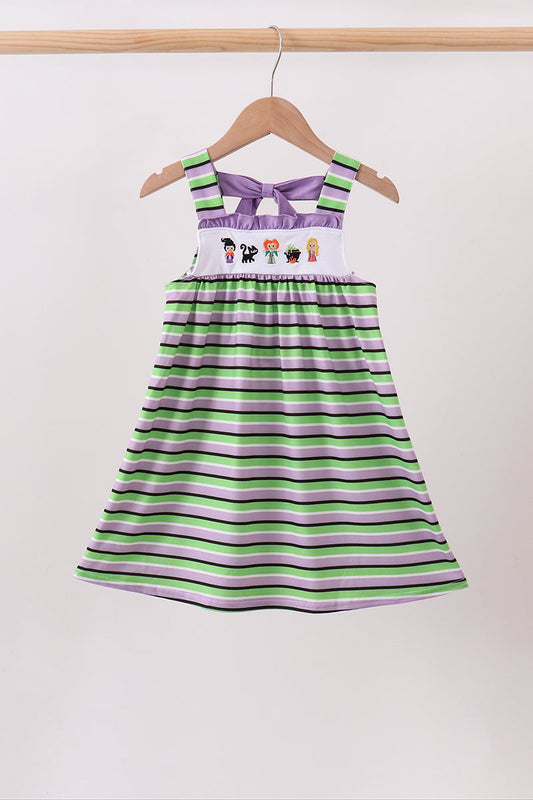 Purple witch embroidery bow stripe dress