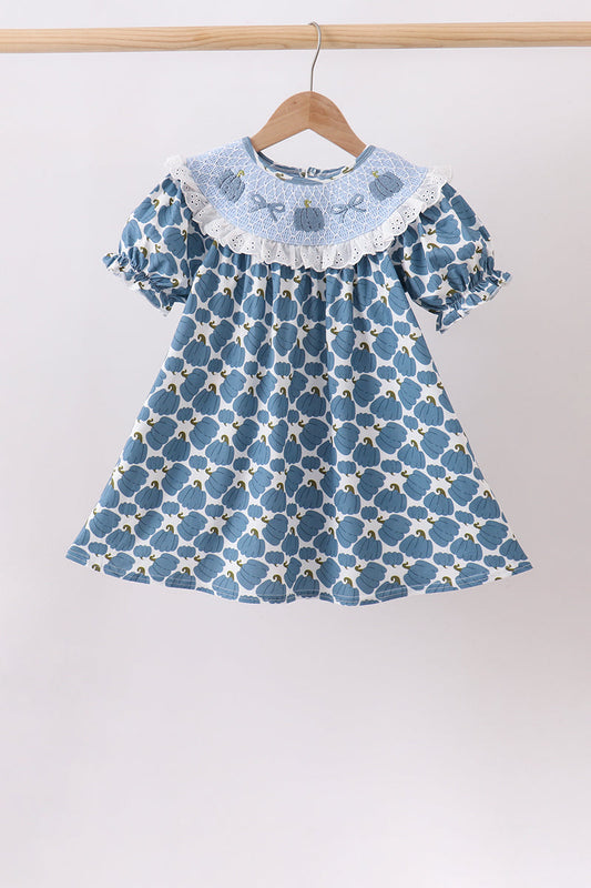 Blue pumpkin bow smocked lace dress