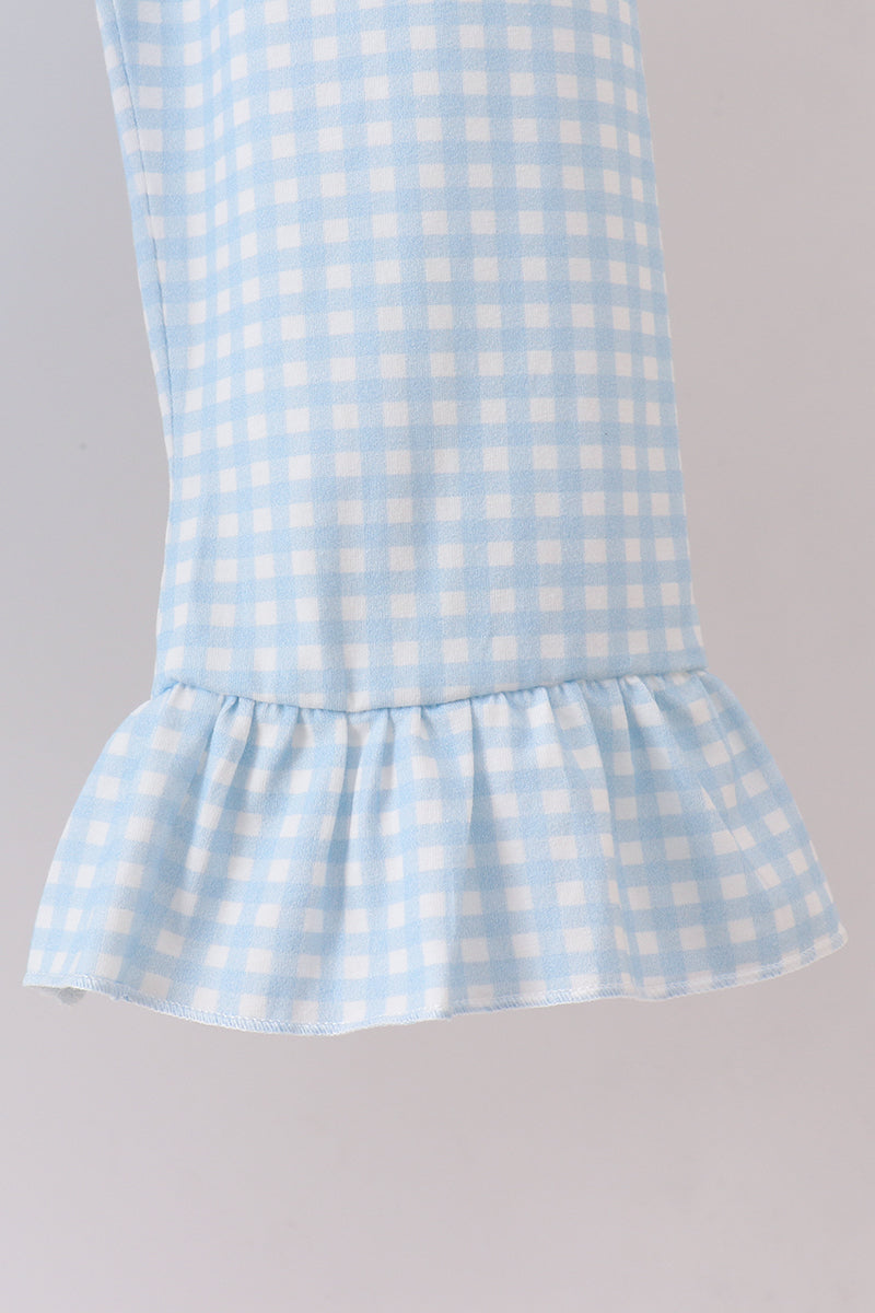 Blue pumpkin bow smocked lace ruffle pants set
