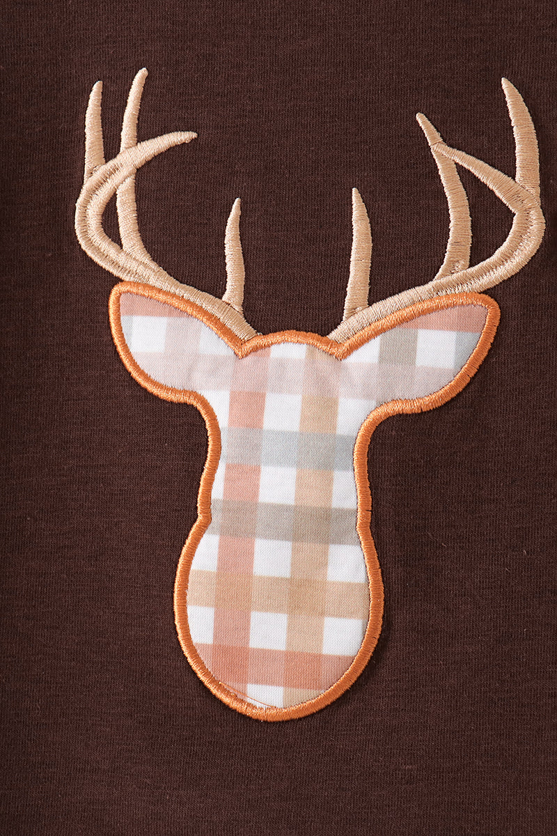 Brown deer applique plaid pants set