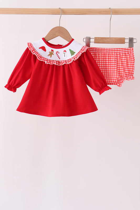Red Holly Jolly Embroidery Ruffle Bloomer Set