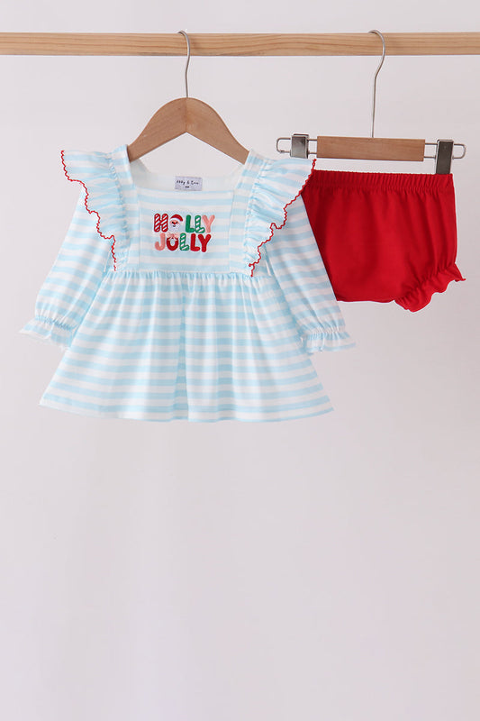 Blue Stripe Holly Jolly Ruffle Bloomer Set