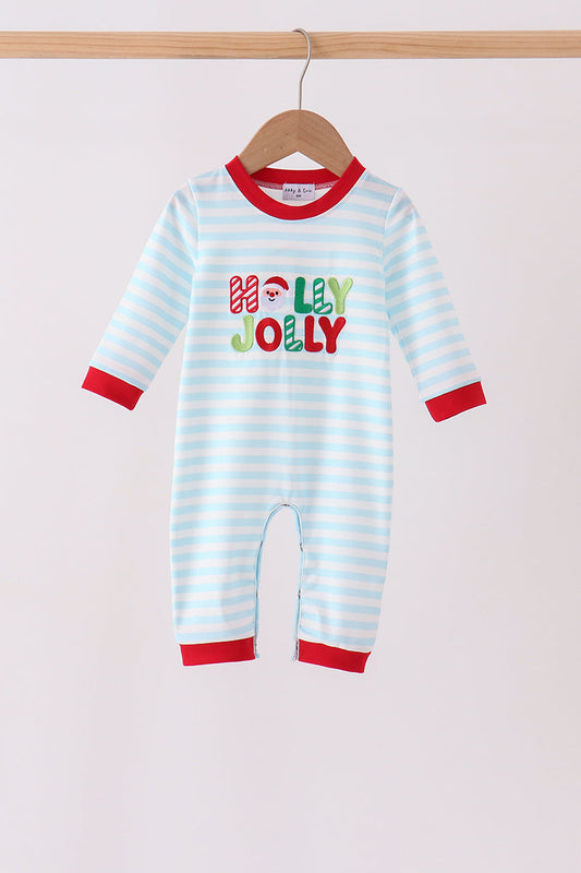 Blue Stripe Holly Jolly Romper