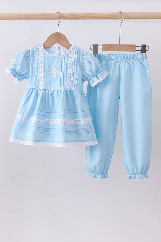 Blue cross embroidery lace pants set