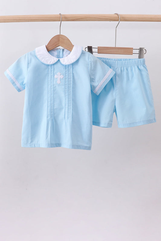 Blue cross embroidery shorts set