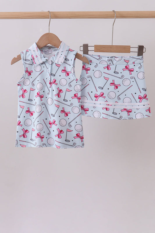 Blue golf bow print 2pc skorts set
