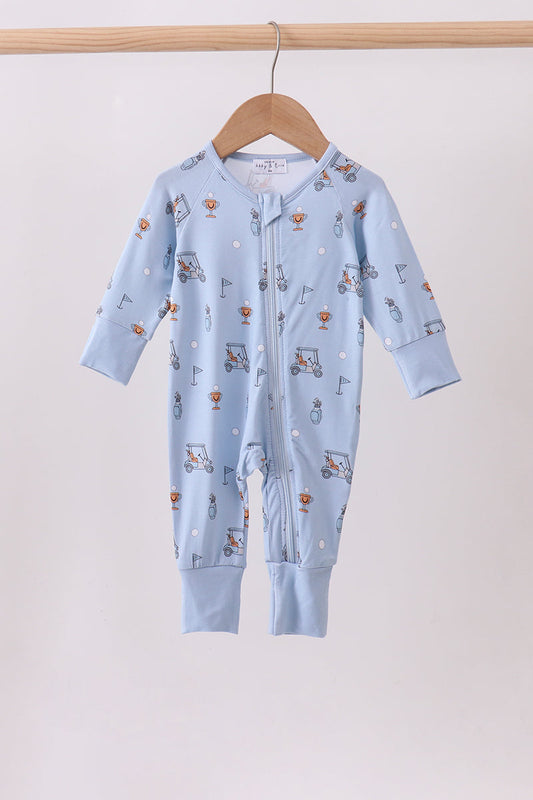 Blue gofl cart print bamboo romper