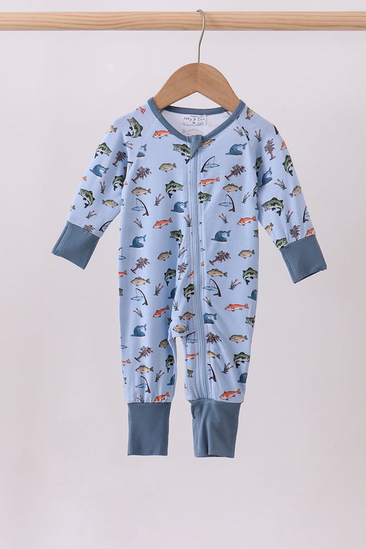 Green fish print bamboo romper